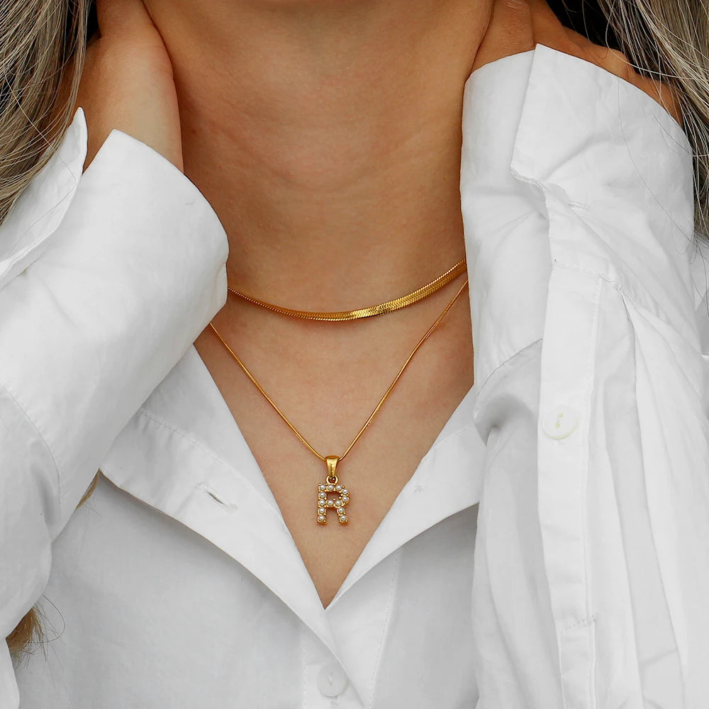 Vintage Style 18K Gold Plated Double Layer Herringbone Chain Necklace Freshwater Pearl Initial Letter Pendant Necklace