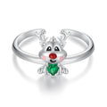 925 Sterling Silver Classic Reindeer Ring with Green Zircon Adjustable Women's Christmas Gift Fine Fashion Jewelry-BSR493