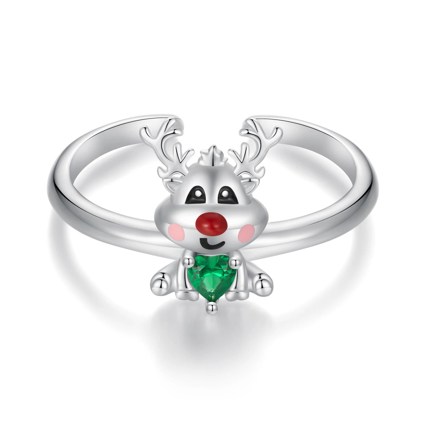 925 Sterling Silver Classic Reindeer Ring with Green Zircon Adjustable Women's Christmas Gift Fine Fashion Jewelry-BSR493