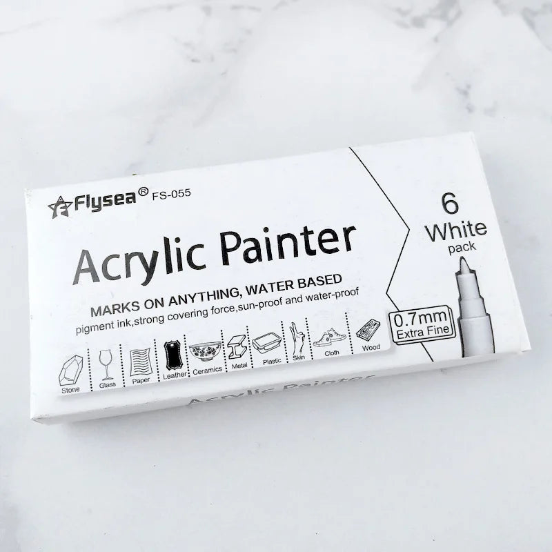 Flysea 6-Pack White Acrylic Paint Pen Permanent Ink Markers for Rock Stone Glass Wood Paper Canvas Easter Egg Painting
