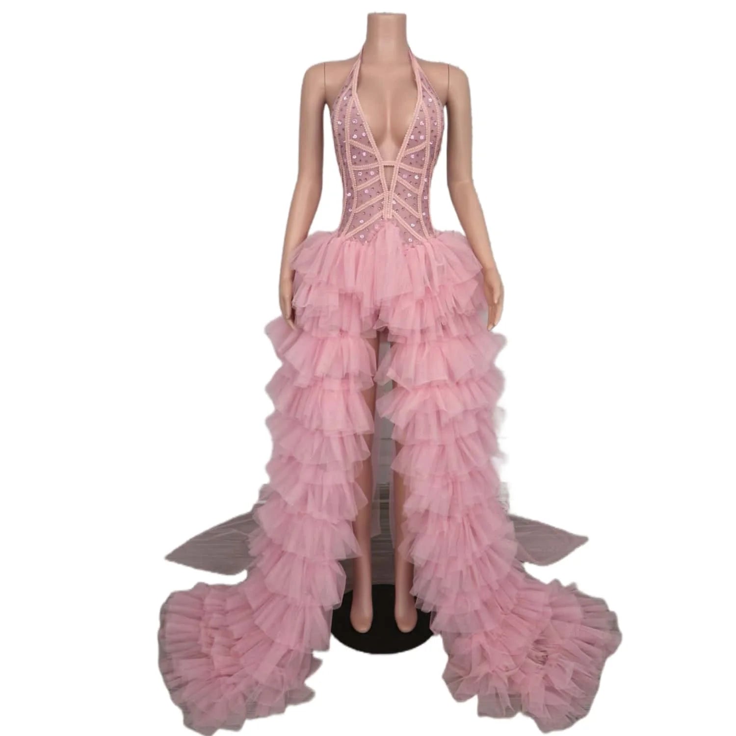 Sexy Pink Ruffles Formal Banquet Evening Long Dress Ladies Crystal Pageant Dinner Gown Women Birthday Wedding Party Prom Dress