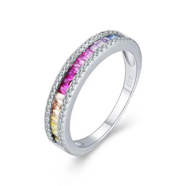 925 Sterling Silver Rings Rainbow Multi Color Cubic Zirconia Stone Eternity Ring for Women