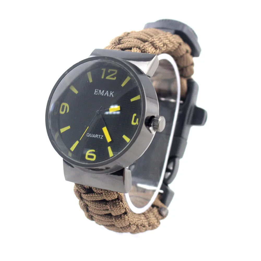 6 in 1 Lightweight Nylon Paracord Mens Survival Bracelet Watch with SOS Emergency Function Compass & Whistle for Camping