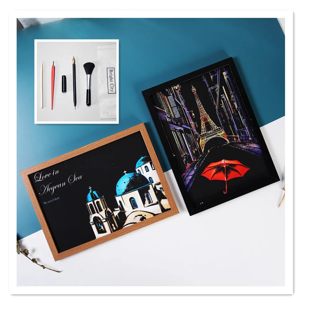 A4 Scratch Art Paper Set With Frame Tools Rainbow Painting Sketch Pad DIY Night Scene Scratchboard for Adults and Kids
