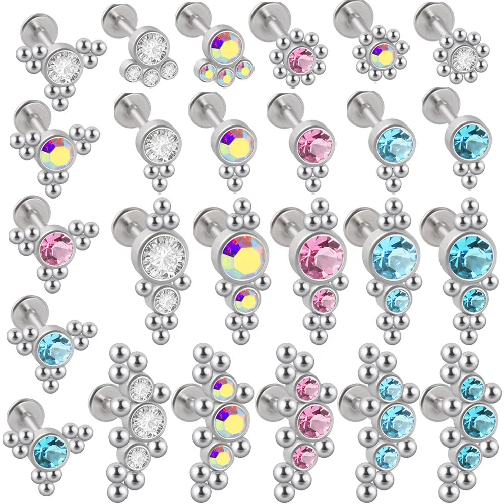 Wholesale AB Crystal Flat Gem Labret Lip Studs 0.9mm Screw Ear Cartilage Tragus Helix Body Piercing Jewelry Surgical Steel Moon