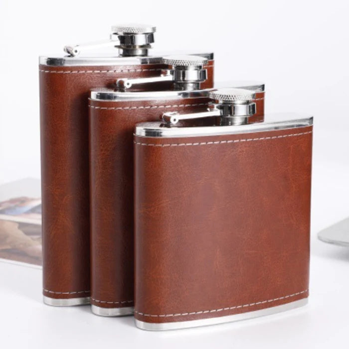 Brown/Coffee Leather Hip Flask Gift 201 Stainless Steel Liquor Flask 6OZ With PU Sleeve Whisky Flask Case Hipflask Set for Men