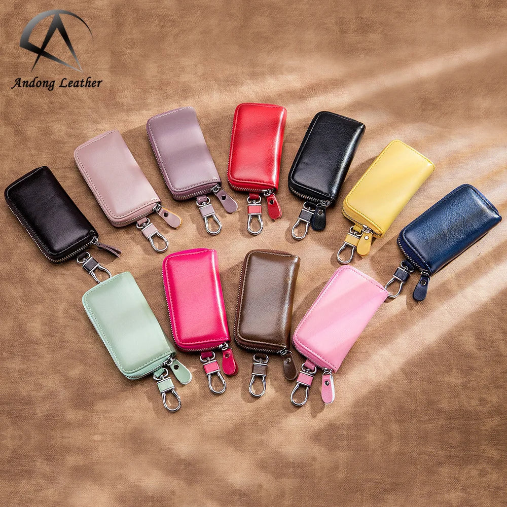 Andong Key Holder for Men Women Genuine Cow Leather Car Key Holders Pocket Wallet Card Wallets