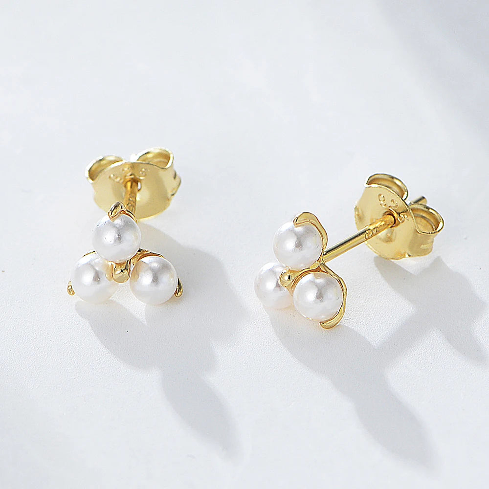New Trendy Gold Plated Jewelry Sterling Silver Stud Bead Woman Elegant Pearl Earring