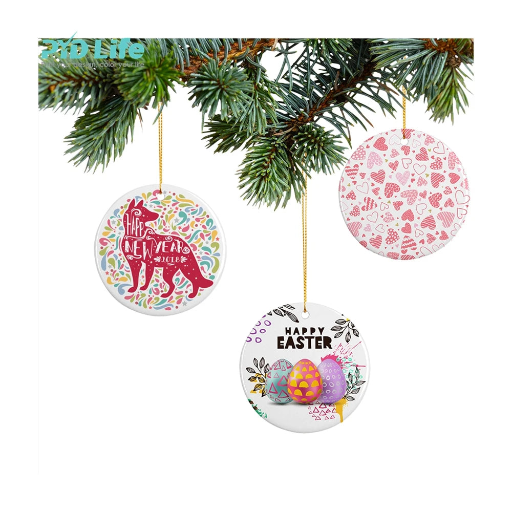 PYD Life Wholesale 2.75 Inch Ceramic Sublimation Christmas Ornaments Blank Round Tree Hanging Decorations Custom Photo Print