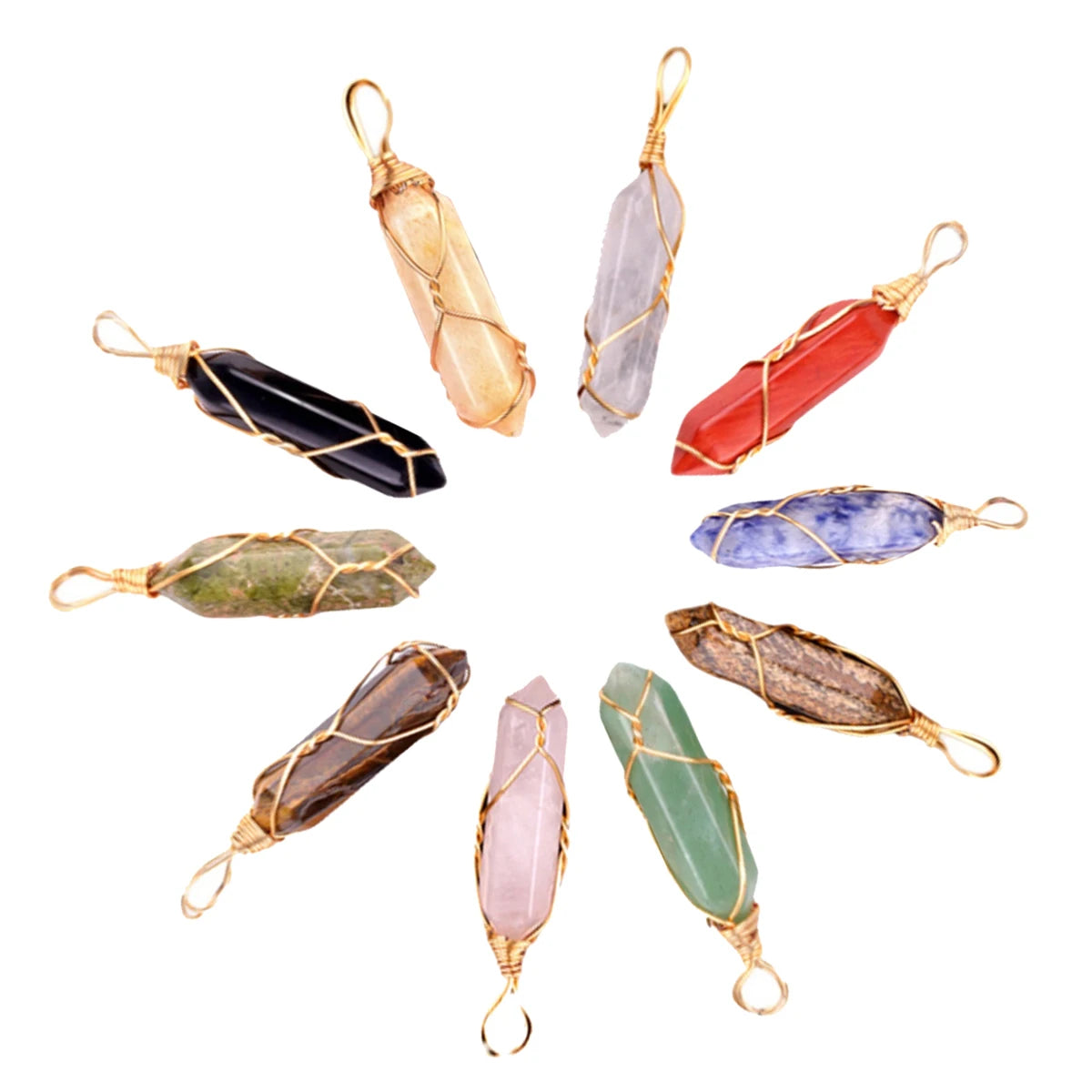 Fashion Wire Wrapped Crystal Point Pendant 32mm Gold Plated Chakra Stone Charm for Reiki Jewelry