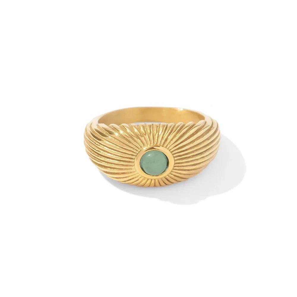 French Retro Design 18K Gold Plated Stainless Steel Natural Green Stone Sun Shape Ring