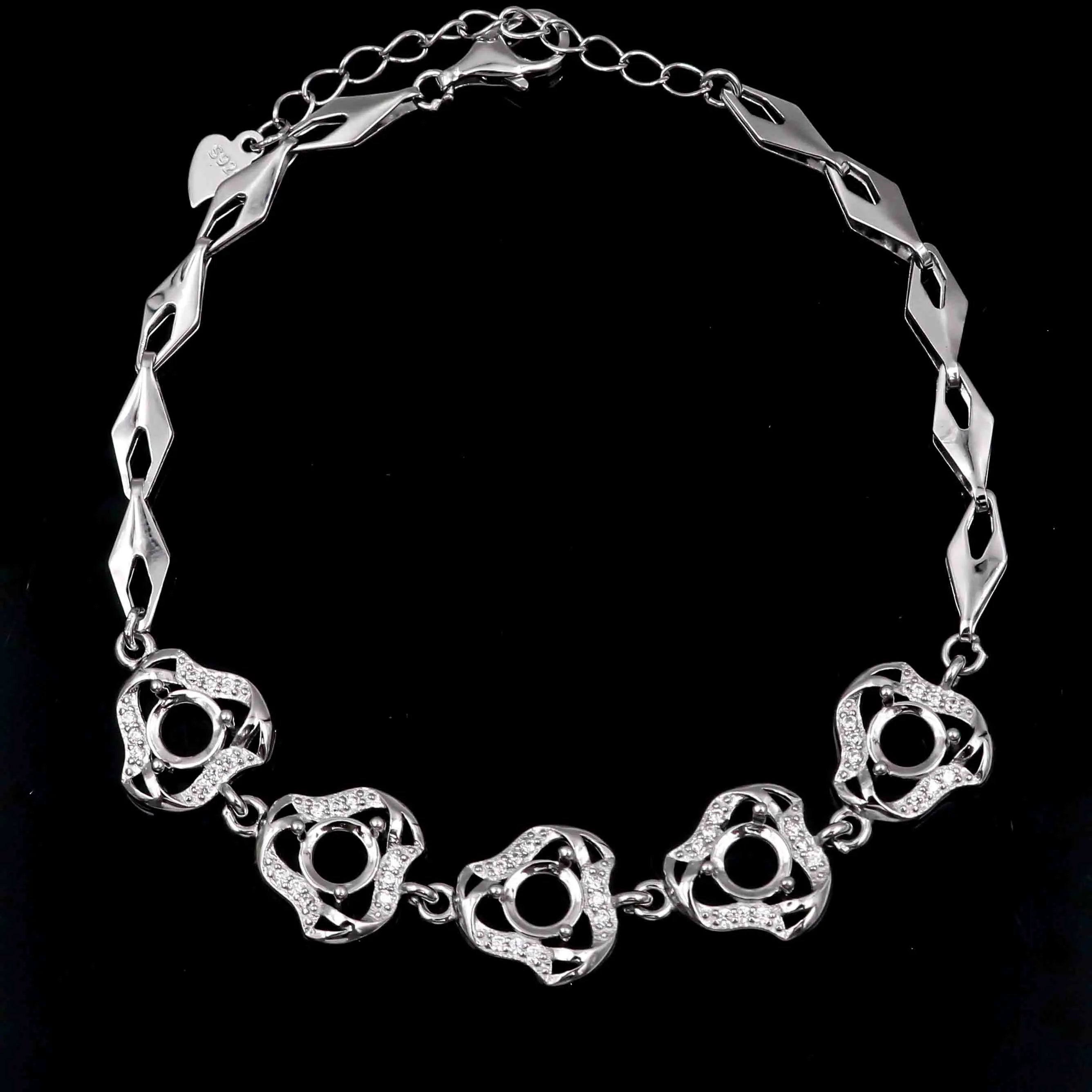 Sterling Silver 5*5mm Semi Mount Bracelet Empty Support Blank Claws Setting S925 Base Holder Without Center Stone Inlay for DIY