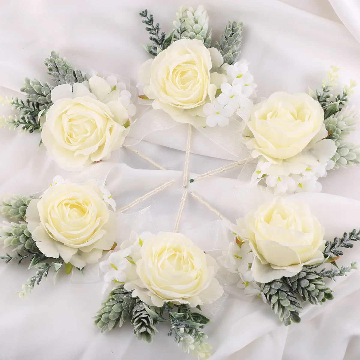 Ychon Popular Milk White Pocket Boutonniere Brooches Flower for Men Wedding Corsage Brooch Pins Match Bridesmaids Wrist Flower