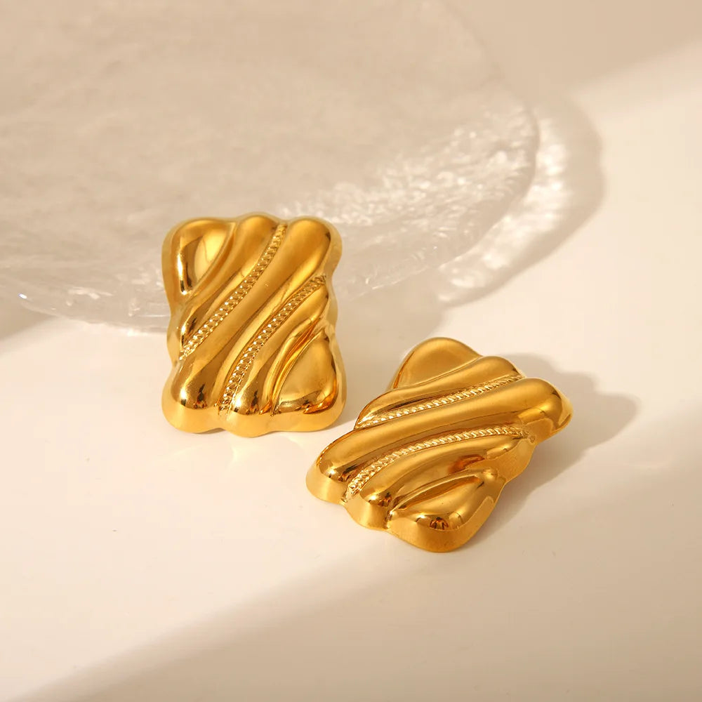 Trendy 18K Gold Plated Stainless Steel Earring Irregular Bump Bread Square Shape Chunky Earrings for Women