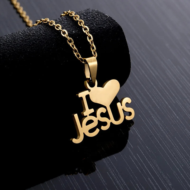 Gold Silver Scapular Christian Catholic Religious Gold Plated Stainless Steel Heart I Love Jesus Pendant Necklace for Women Men