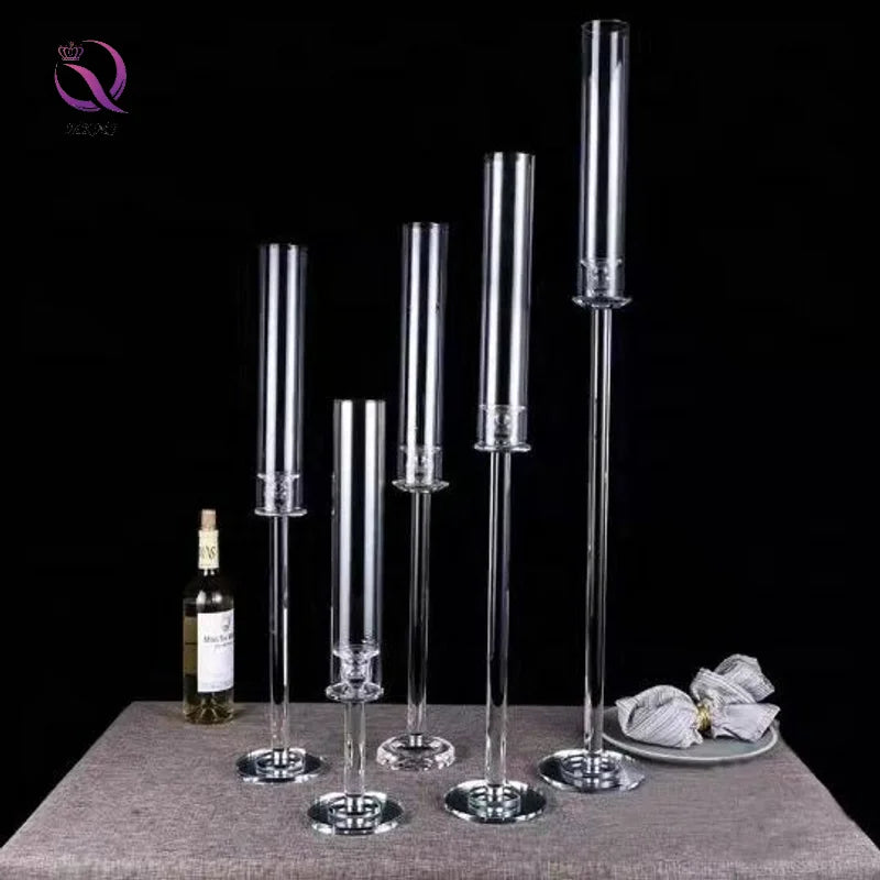 Set of 5  Glass Candle Holder Set Crystal Glass Cylinder Cube  Cover clear Candlestick Holder for Wedding Table Centerpieces
