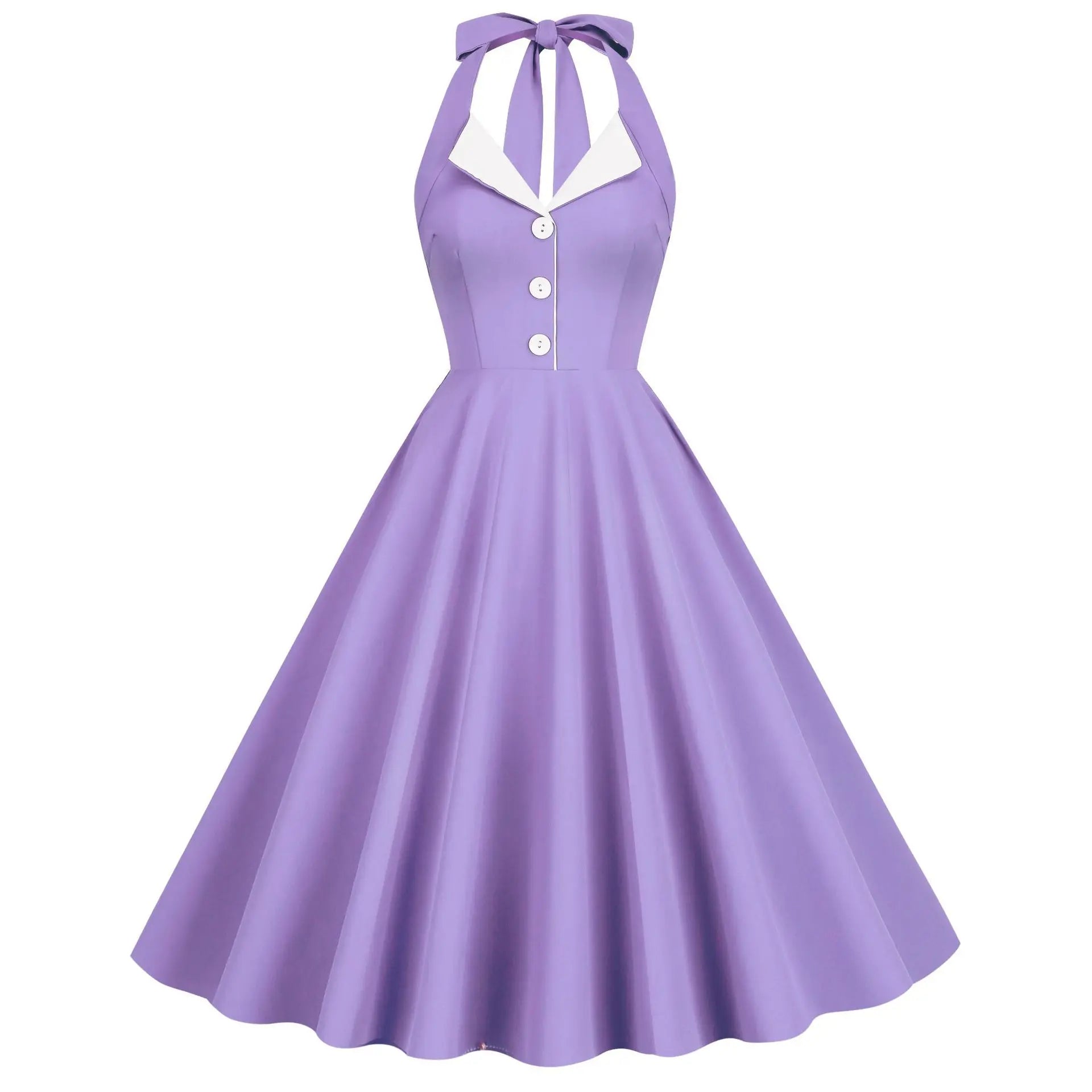 Vintage Solid Halter Dress with Pockets for Women Retro 50s Rockabilly Contrast Party Dress