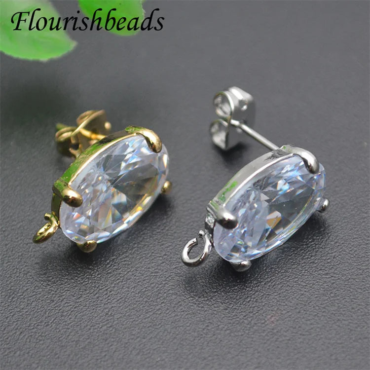 Good Quality Nickel Free Anti Rust Gold Silver Plated Shiny CZ Pave Oval Shape Stud Earring Findings for DIY Woman Jewelry