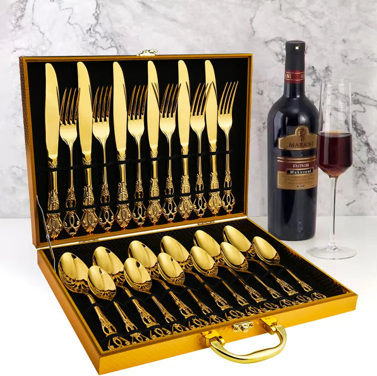 Palace Knife Fork Spoon Gold Stainless Steel Cutlery Set 24-pcs Set Hollow Relief Western Gold Cutlery Set