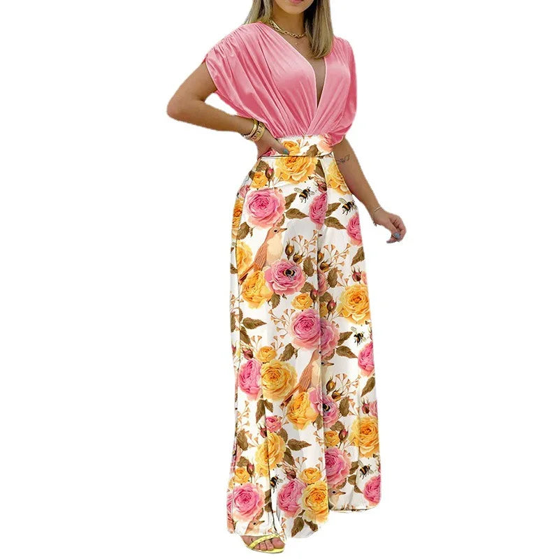 S-3XL Summer New Floral Street Sexy Large Fashion Casual Set V-Neck Short Sleeve Top Printed Wide Leg Pants 2-Piece Women s Sets