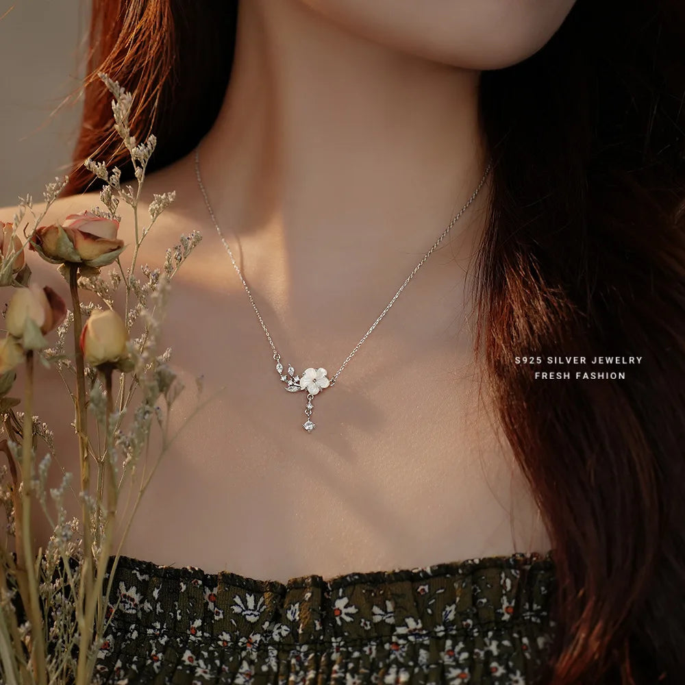 Personalized S925 Sterling Silver Blossom Chain Shiny Zircon Sublimation Pendent Necklace