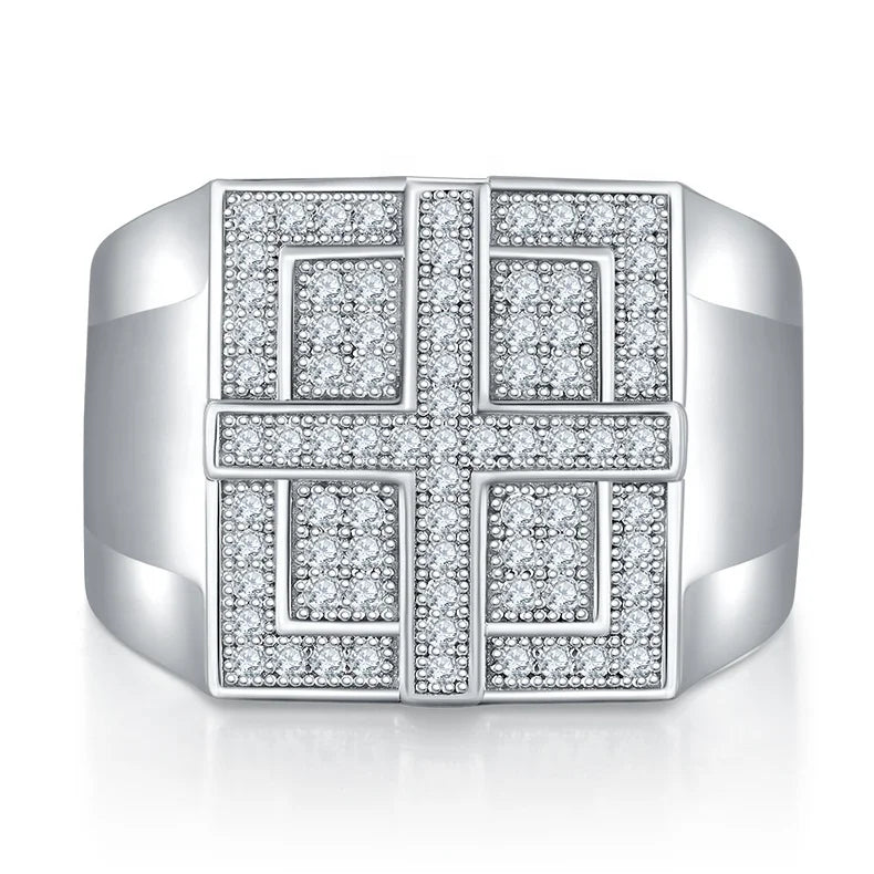HanYu Hip Hop Iced Out Cross Ring for Men Sterling Silver 925 Four Grid D VVS Melee Moissanite Rings