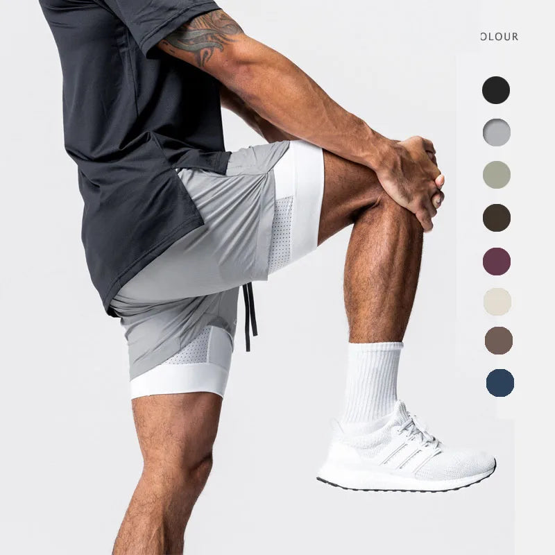 Mens 7 Inch Liner Shorts Double Layer With Zipper Breathable Stretch Running Training Sports  Elasticity Quick Dry Gym Shorts
