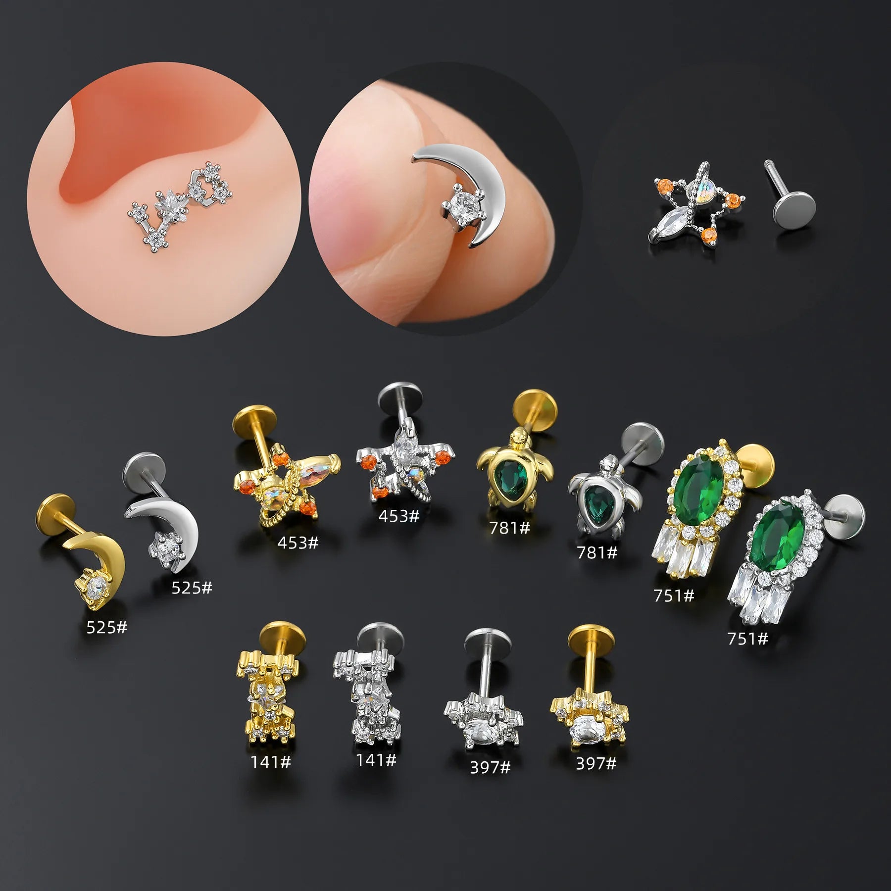 G23 Titanium Push in Nose Studs Hypoallergenic Nickel Free Flat Back Lip Studs Stylish Comfortable Piercing Jewelry