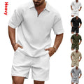Men's Summer Oversized Casual Outfit 2 Piece Waffle Knit Breathable Polyester/Cotton Tracksuit Half Zip Polo Shirt Shorts Set