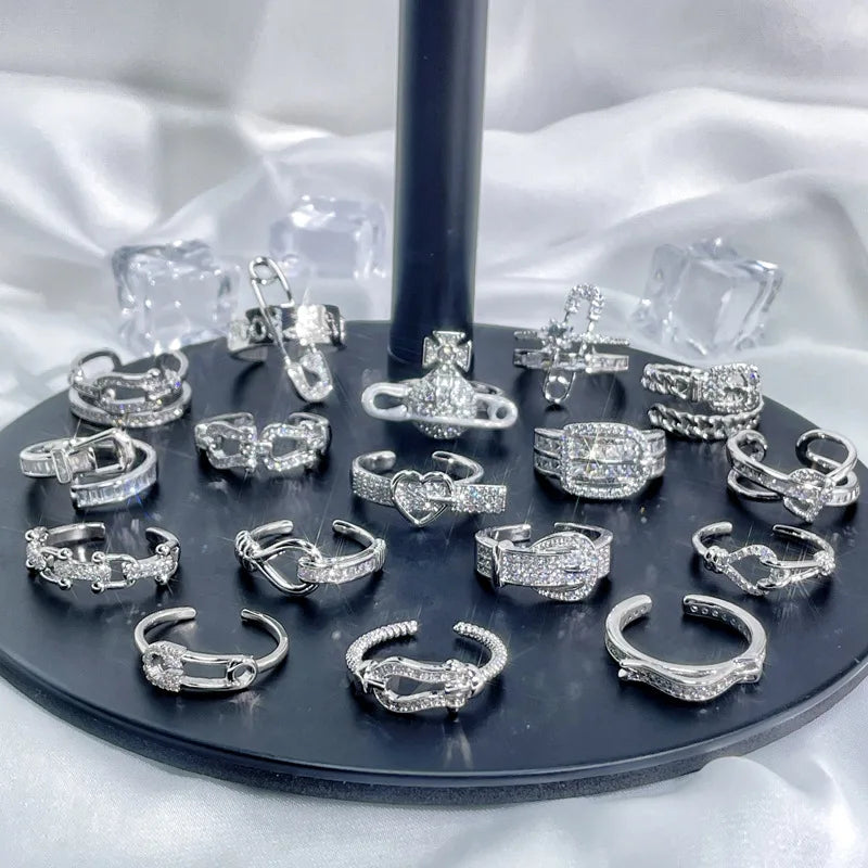 New Fashion Upscale Jewelry Silver Color Full Zircon Belt Buckle Shape Rings Wedding Bride Rings for Women Ladies