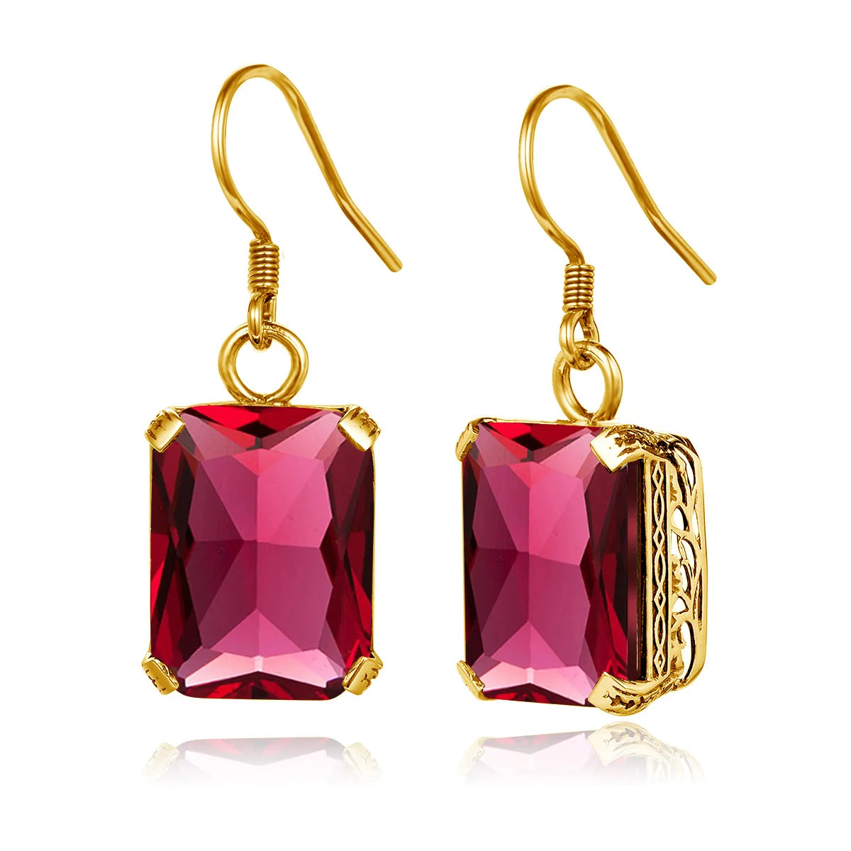 Professional Factory Vintage Boho square Ruby Big Stone Engraved Sterling Silver Gold Womens Earrings Trendy Jewelry