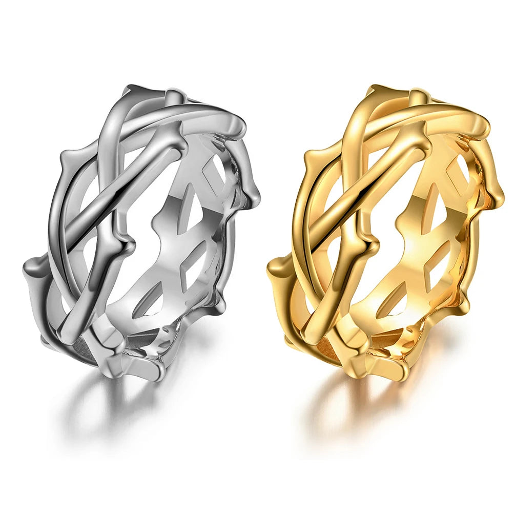 Thorn Vine Braided Stainless Steel Ring PVD Gold Tree Vine Branch Crown of Thorn Love Wedding Ring for Men Women