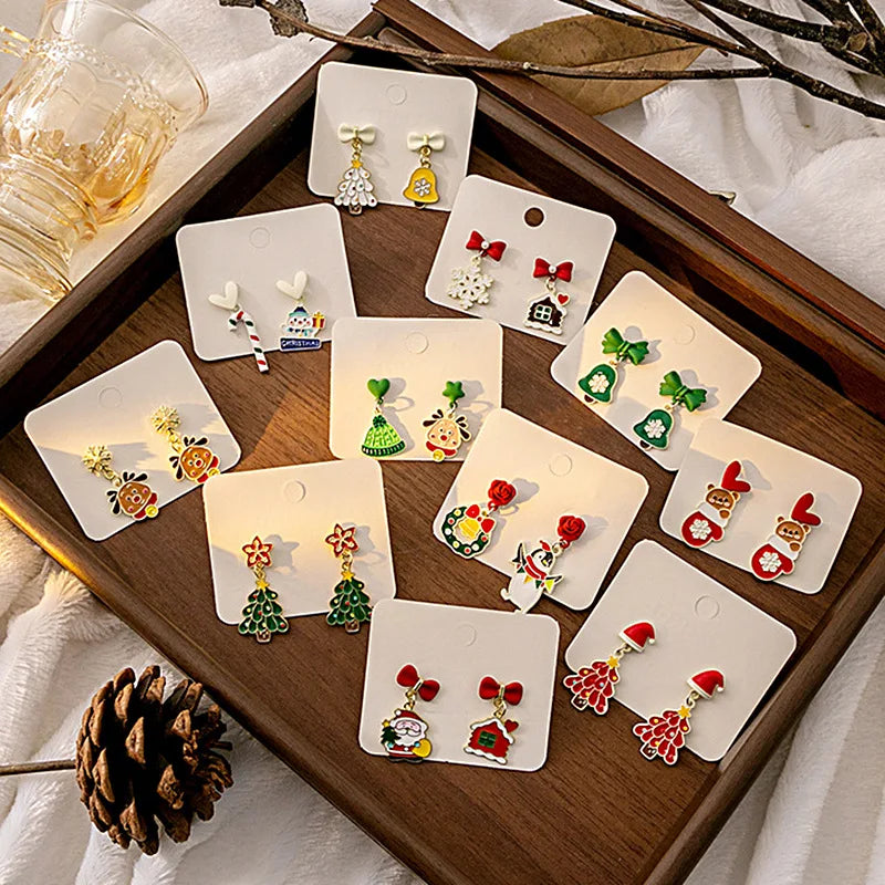 Enamel Christmas Silver Needle Stud Earrings Little Snowman Elk Christmas Tree Santa Claus Pendant Women Christmas Earrings