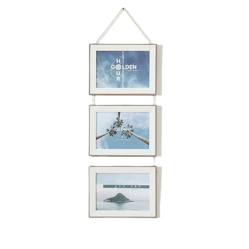 Triple Hanging Picture Frame Vertical Collage Picture Frames Rustic Wood Picture Frames on Hemp Rope