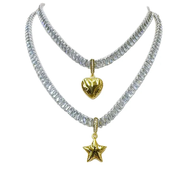 NZ1477 18k Gold Silver Plated CZ Baguette Tennis Chain Necklace with Shiny Bulgy Heart Star Charm Pendant