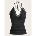 Streetwear Clothes Women Summer Solid Ruched Backless Sleeveless Tank Top Black Lace Patchwork Halter Top
