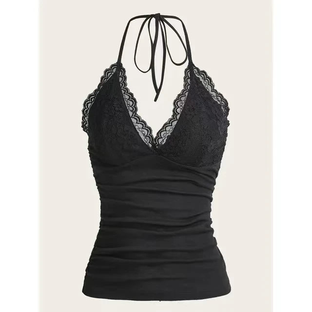 Streetwear Clothes Women Summer Solid Ruched Backless Sleeveless Tank Top Black Lace Patchwork Halter Top