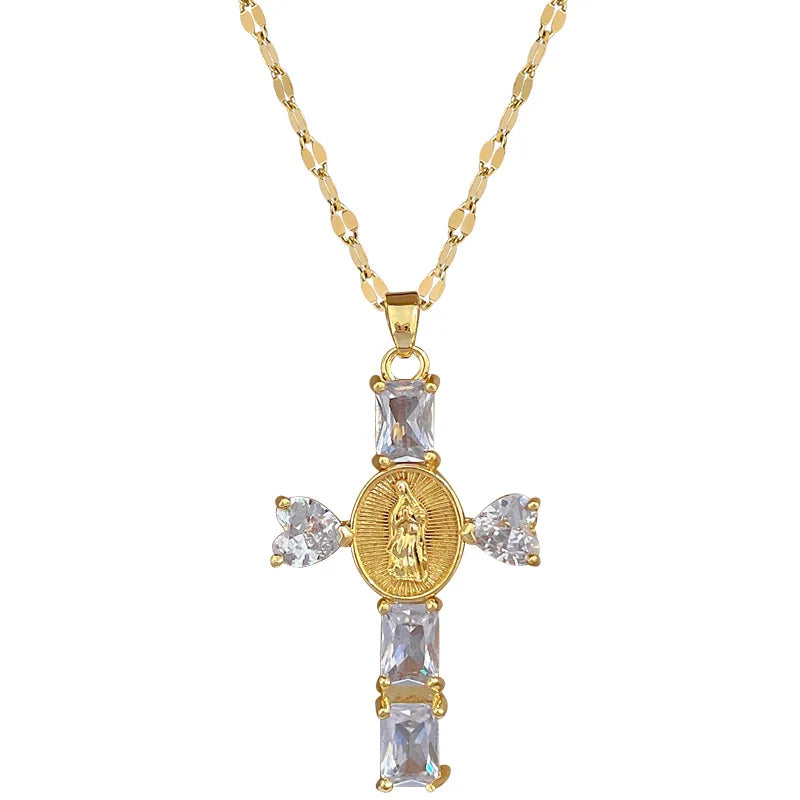 Stainless Steel Chain Big Diamond Head Cross Pendant Women Shiny Necklace Wedding Jewelry Gifts Fashion Necklace for Girls