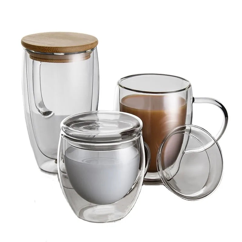 FactorySale High Borosilicate Double Wall Glass for Milk Coffee Tea Glass Cup With Handle With Lid for Bar for Restaurant