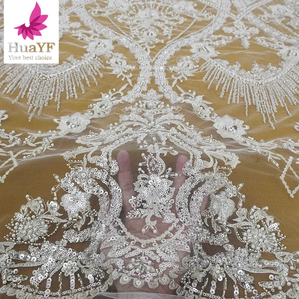 2023 New Bridal Tulle Sequins Lace Mesh Beaded and Pearls Fabrics for European Wedding Dress  HY2336