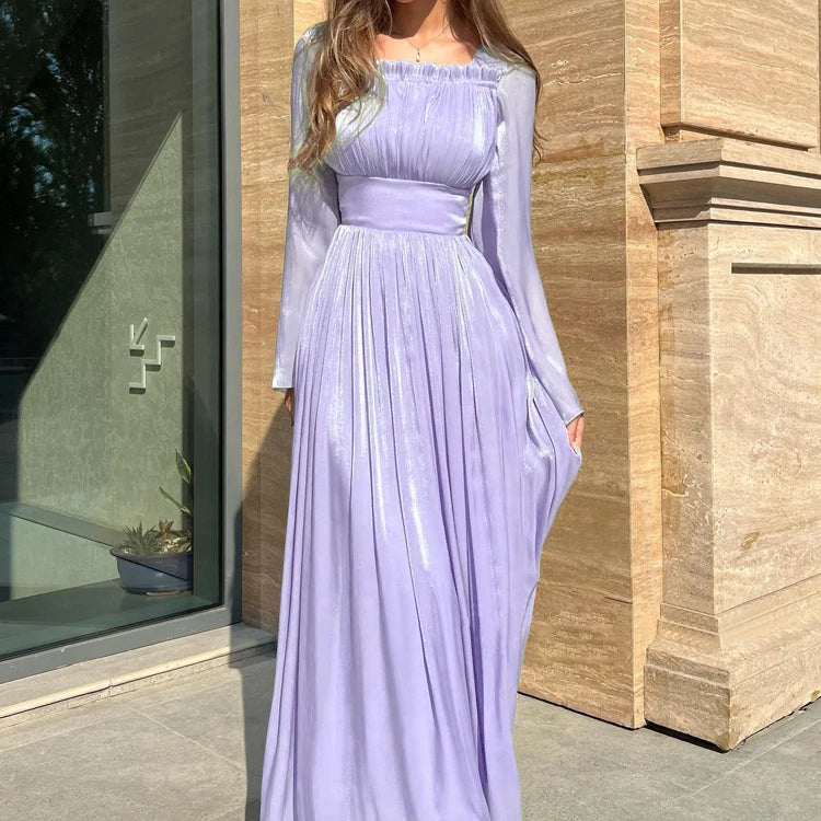 Factory Direct Sale New 2024 Women's Clothing Shiny Purple Casual Modest Smocked Long Sleeve Maxi Dresses Women Lady Elegant