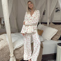 Women's New Love Printed Loose Long Sleeve Pants Pajama Two-Piece Set Home Clothes Woven Fabric Elastic Waist Closure MOQ 3pcs