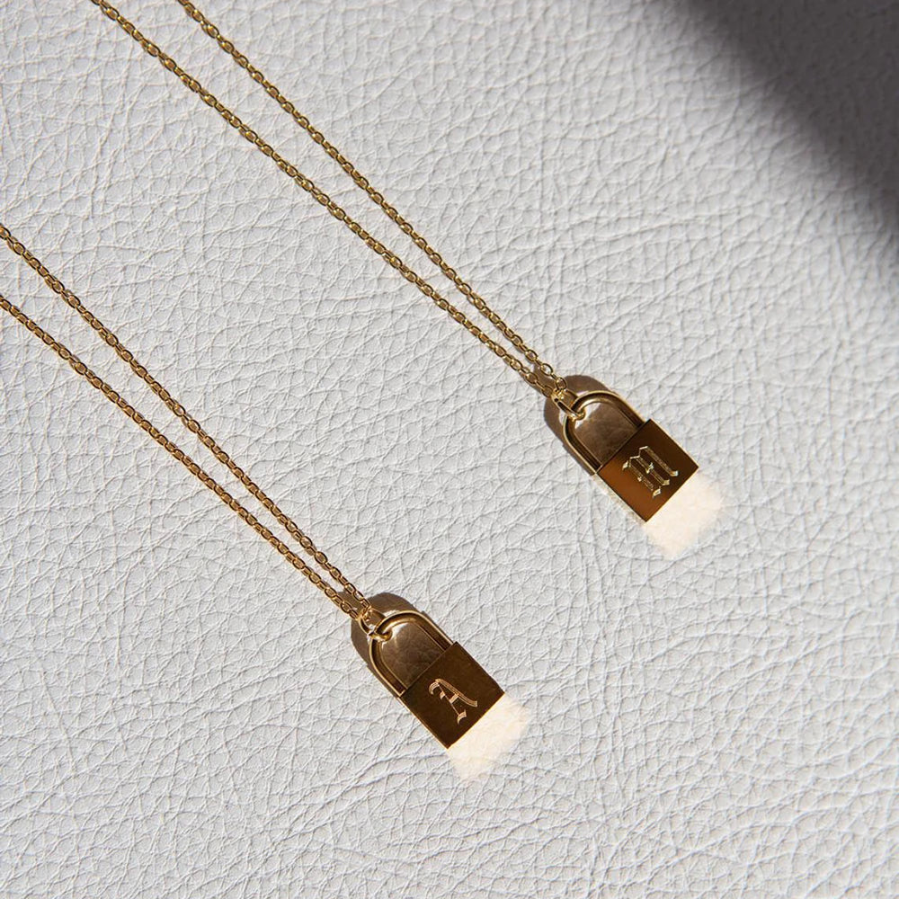 Wholesale Trendy Custom Engraved 26 Initial Letter Gold Padlock Necklace Stainless Steel Fashion Jewelry for Women and Men