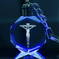 Wholesale Bulk Customized Religious 3D Laser Design Luxury Octagon Crystal Glass LED Keychain with Gift Box