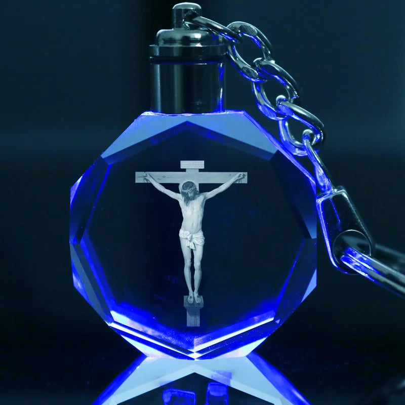 Wholesale Bulk Customized Religious 3D Laser Design Luxury Octagon Crystal Glass LED Keychain with Gift Box
