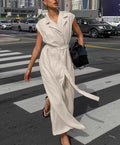 2025 New Fashion Solid Color Lapel Sleeveless Waist Dress Linen Casual Temperament Mature