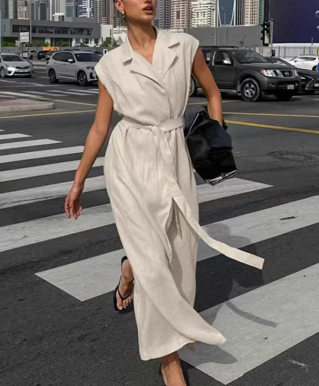 2025 New Fashion Solid Color Lapel Sleeveless Waist Dress Linen Casual Temperament Mature