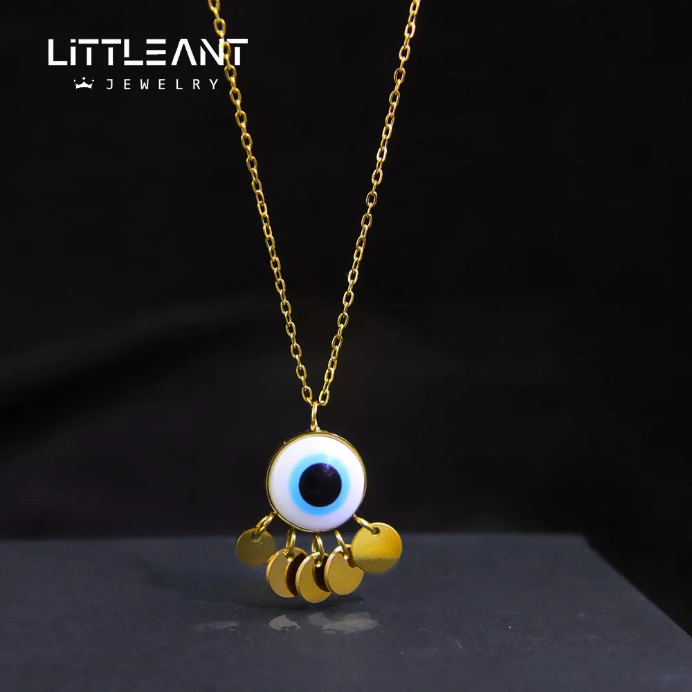 Little Ant Jewelry Evil Eye Necklace Stainless Steel Turkish Eye Heart Pendant Necklace