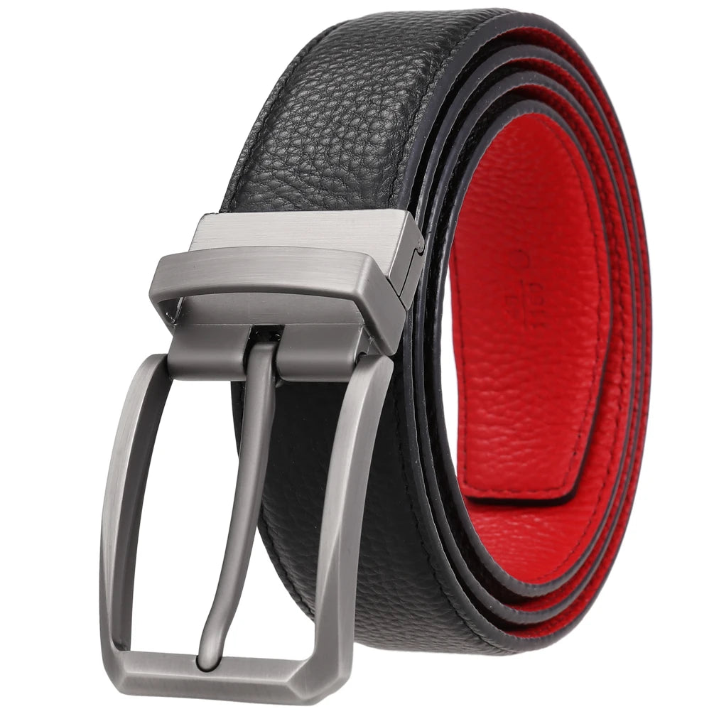LY35-ZZ4026-5 35mm Rotating Pin Buckle Belt Luxury Men's Reversible Belt Black Genuine Cow Hide Leather with Alloy Pin Buckle