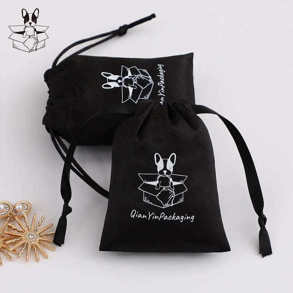 PUPPYSEW Black Satin Drawstring Jewelry Bag Personalized Gift Package Drawstring Bags Jewelry Packaging Bag Dust Bag With Logo